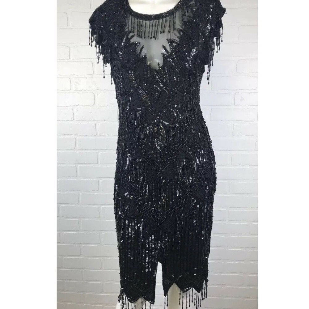 VTG SCALA Black Silk Beaded Gatsby Flapper Dress